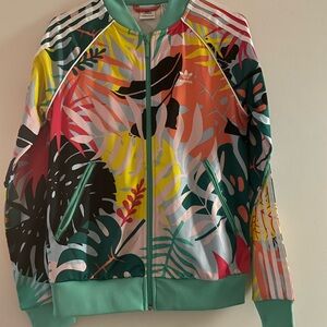 Adidas Red and Pink Bomber Jacket with Tropical Print